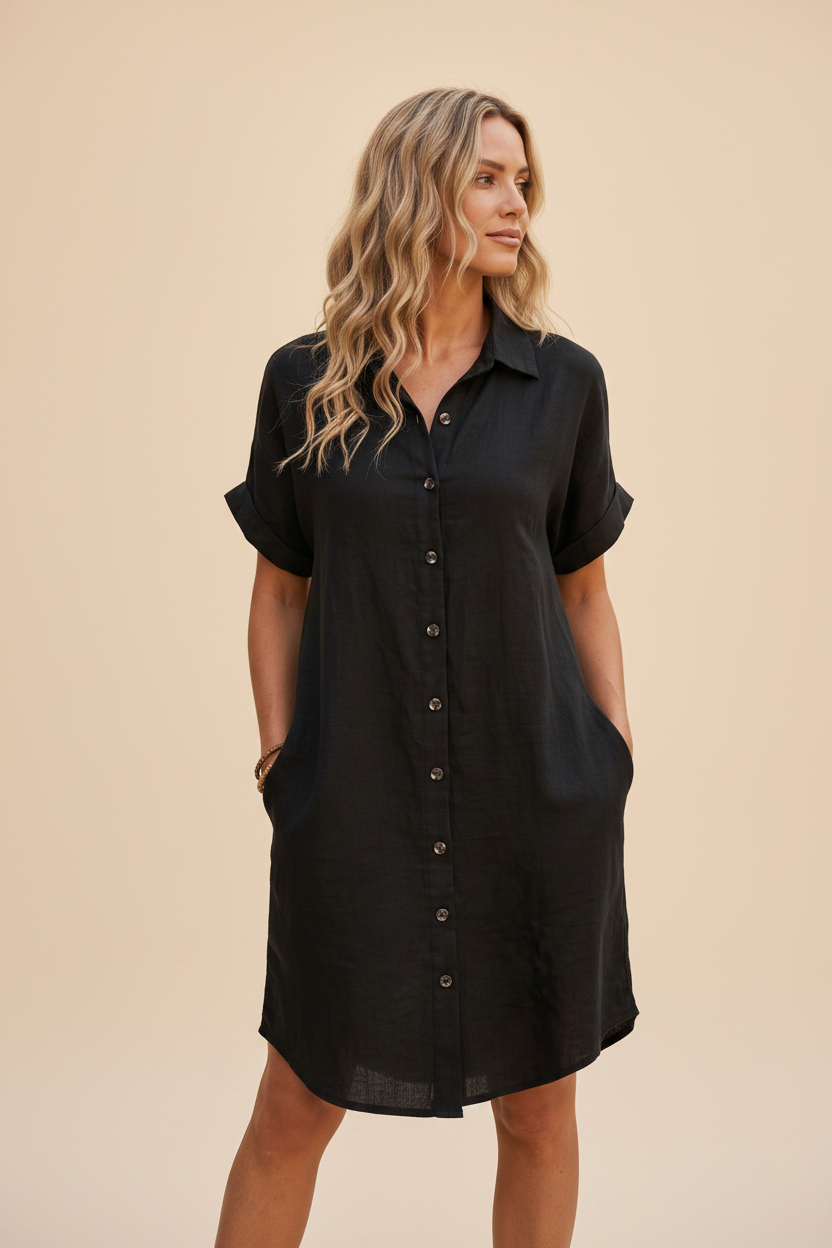 Menorca · Vestido Camisero Efecto Lino — Negro — editorial
