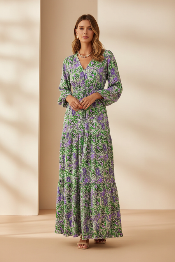 Vestido largo bohemio estampado azul Nuvara, vista frontal