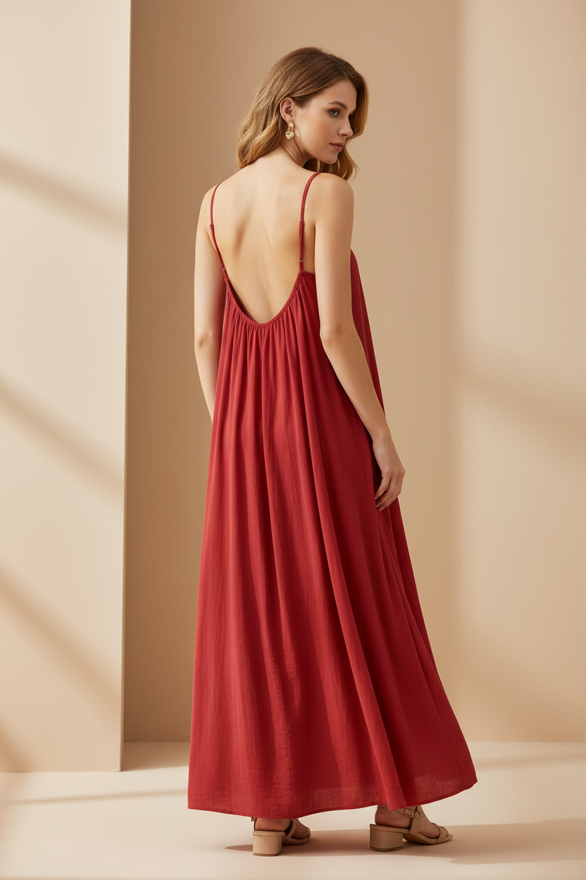 Vestido largo liso corte en A Nuvara, vista frontal