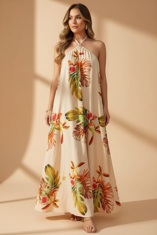 Vestido largo halter floral bohemio Nuvara, vista frontal