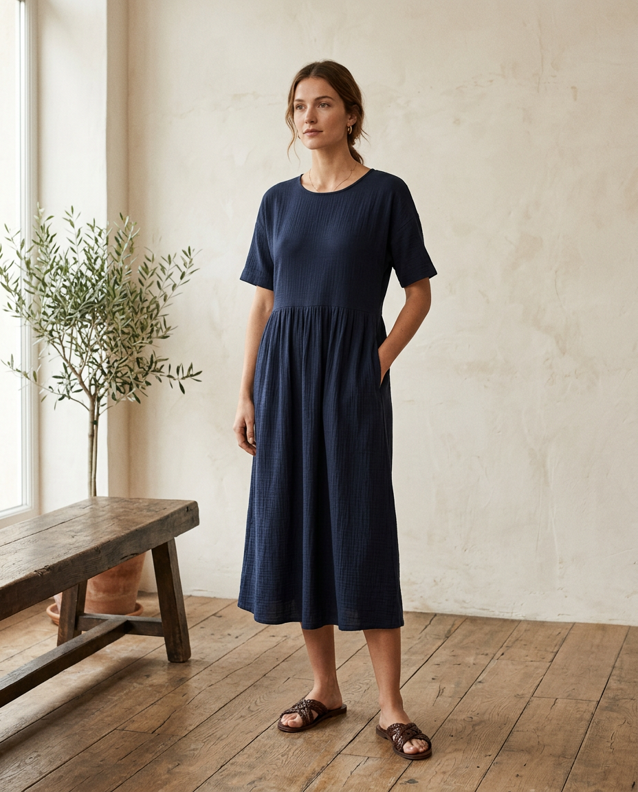 Vestido midi Alba en azul marino, corte imperio con manga corta caída