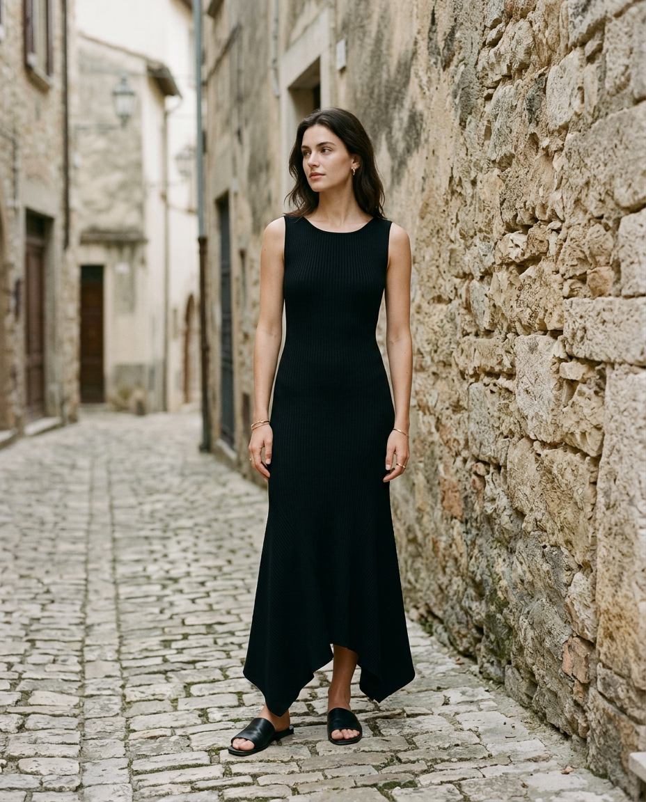 Vestido largo de punto Ónix en negro, sin mangas y con bajo asimétrico
