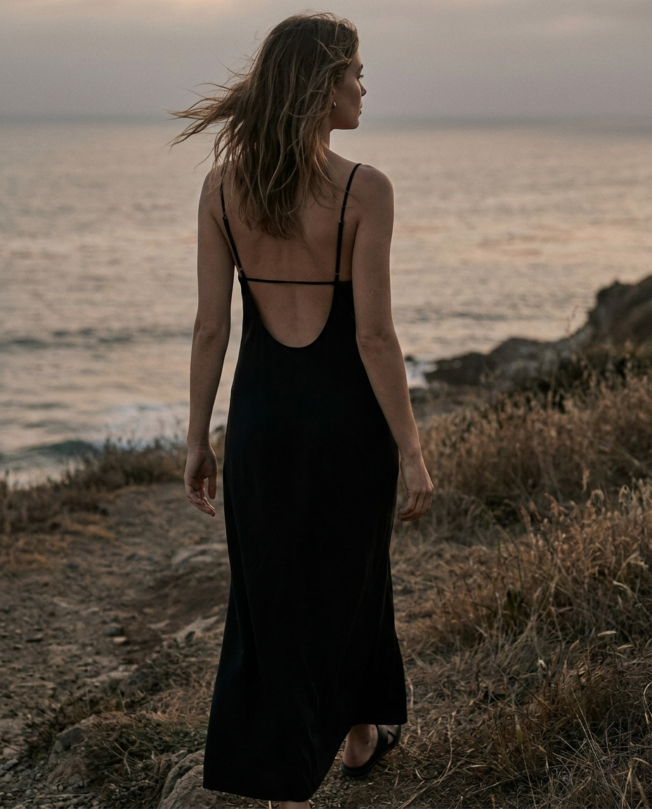 Vestido largo de tirantes Selene en negro, espalda descubierta y caída recta