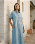 Vestido camisero largo Duna en azul celeste, vista frontal