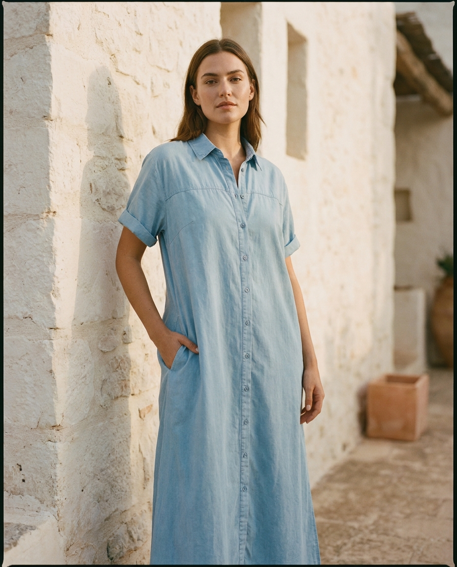 Vestido camisero largo Duna en azul celeste, vista frontal