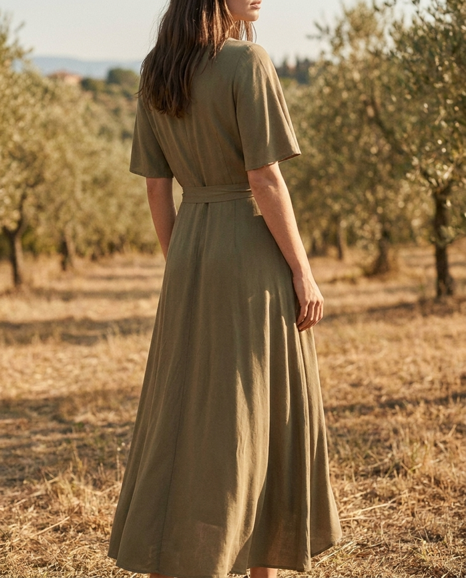Vestido largo cruzado Oliva, vista trasera con la caída de la viscosa hasta el suelo