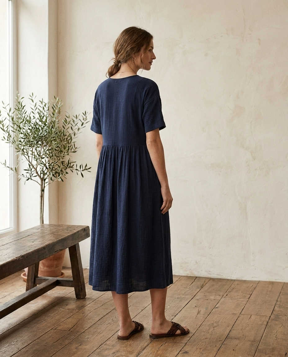 Vestido midi Alba, vista trasera con la falda fruncida desde la costura bajo el pecho