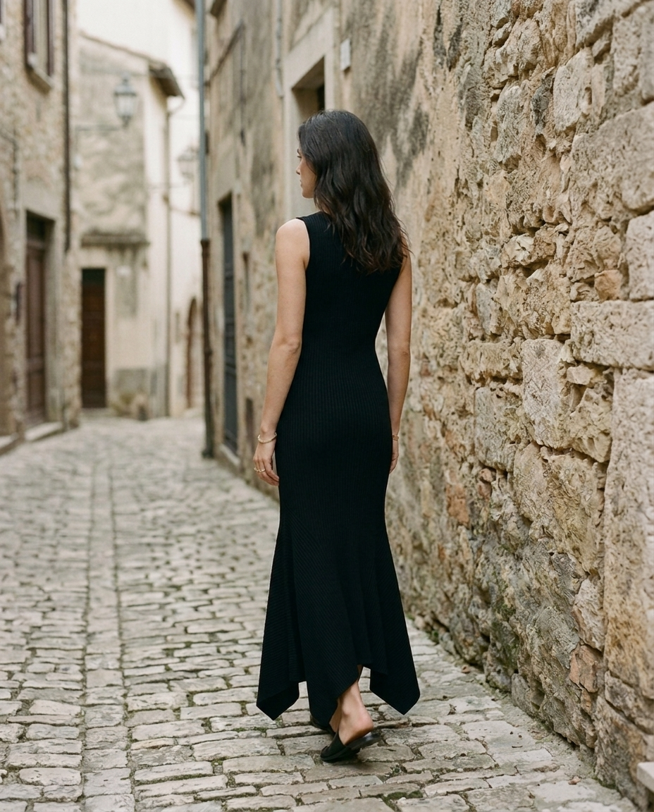 Vestido largo de punto Ónix, vista trasera con el bajo asimétrico de caída sirena