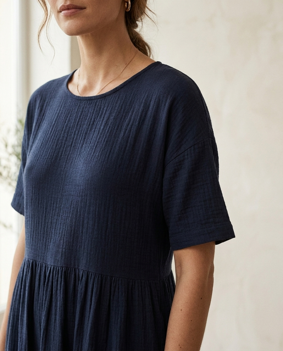 Detalle del cuello redondo, la manga corta caída y la costura bajo el pecho del vestido Alba