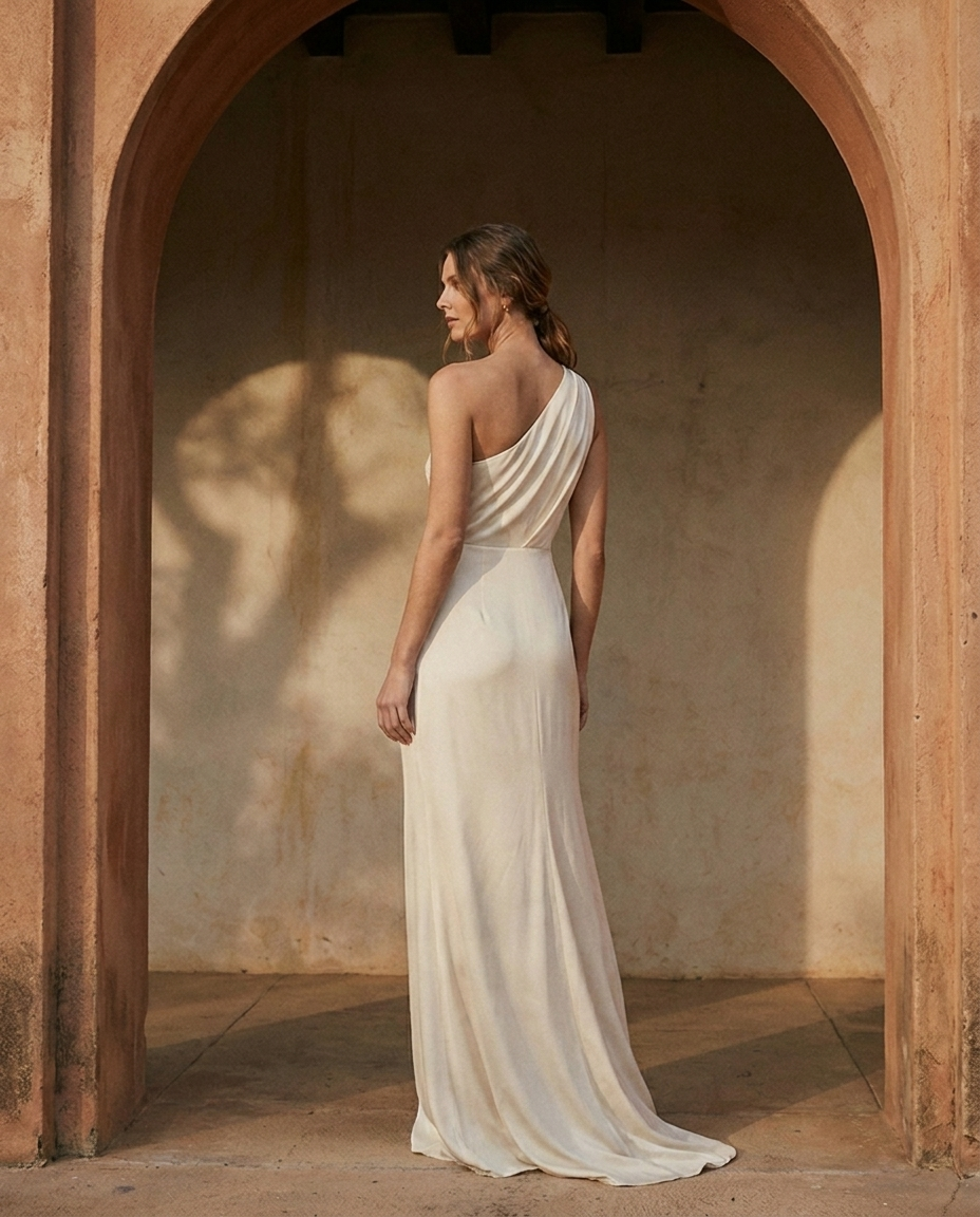 Vestido largo asimétrico Lía, vista trasera con el hombro descubierto y la falda cruzada