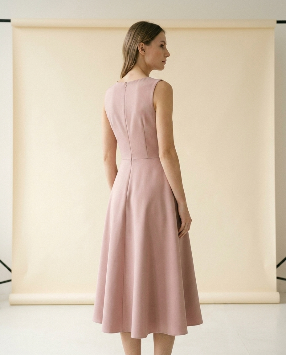 Vestido midi cruzado Camelia, vista trasera con el vuelo de la falda