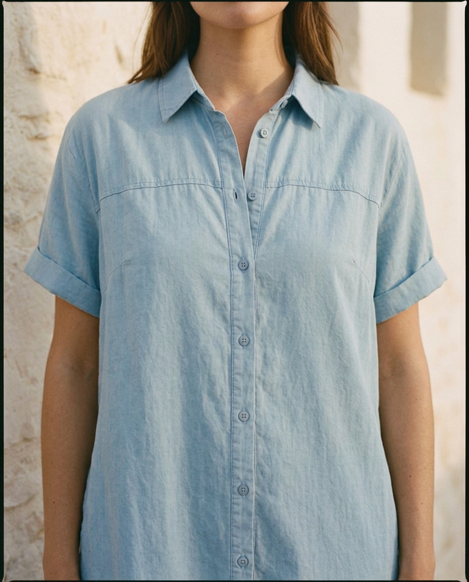 Detalle del cuello camisero, la botonadura y el tejido de algodón del vestido Duna