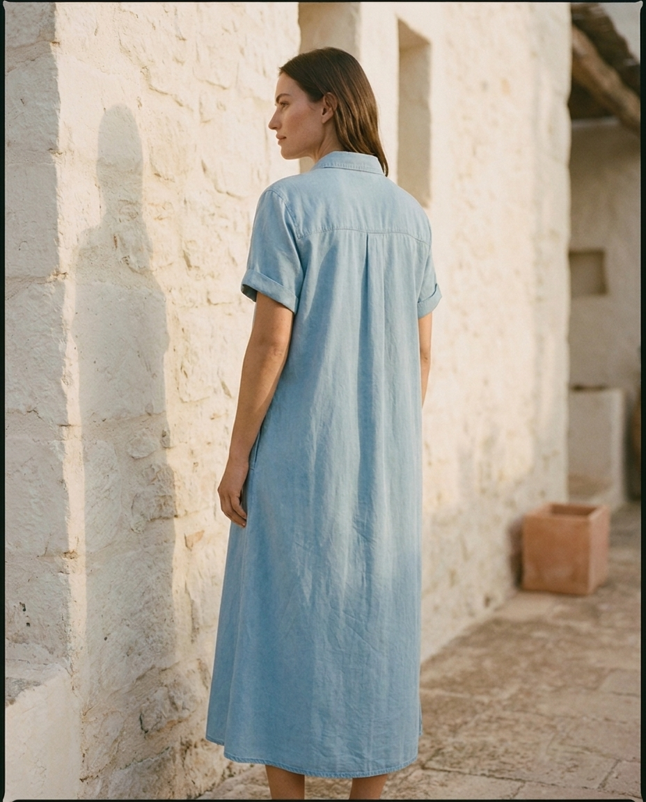 Vestido camisero largo Duna, vista trasera con la caída del algodón hasta el tobillo
