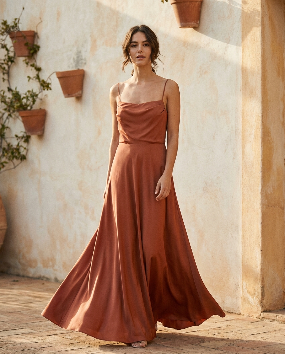 Vestido largo de tirantes Cala en terracota, cuerpo drapeado y falda con vuelo