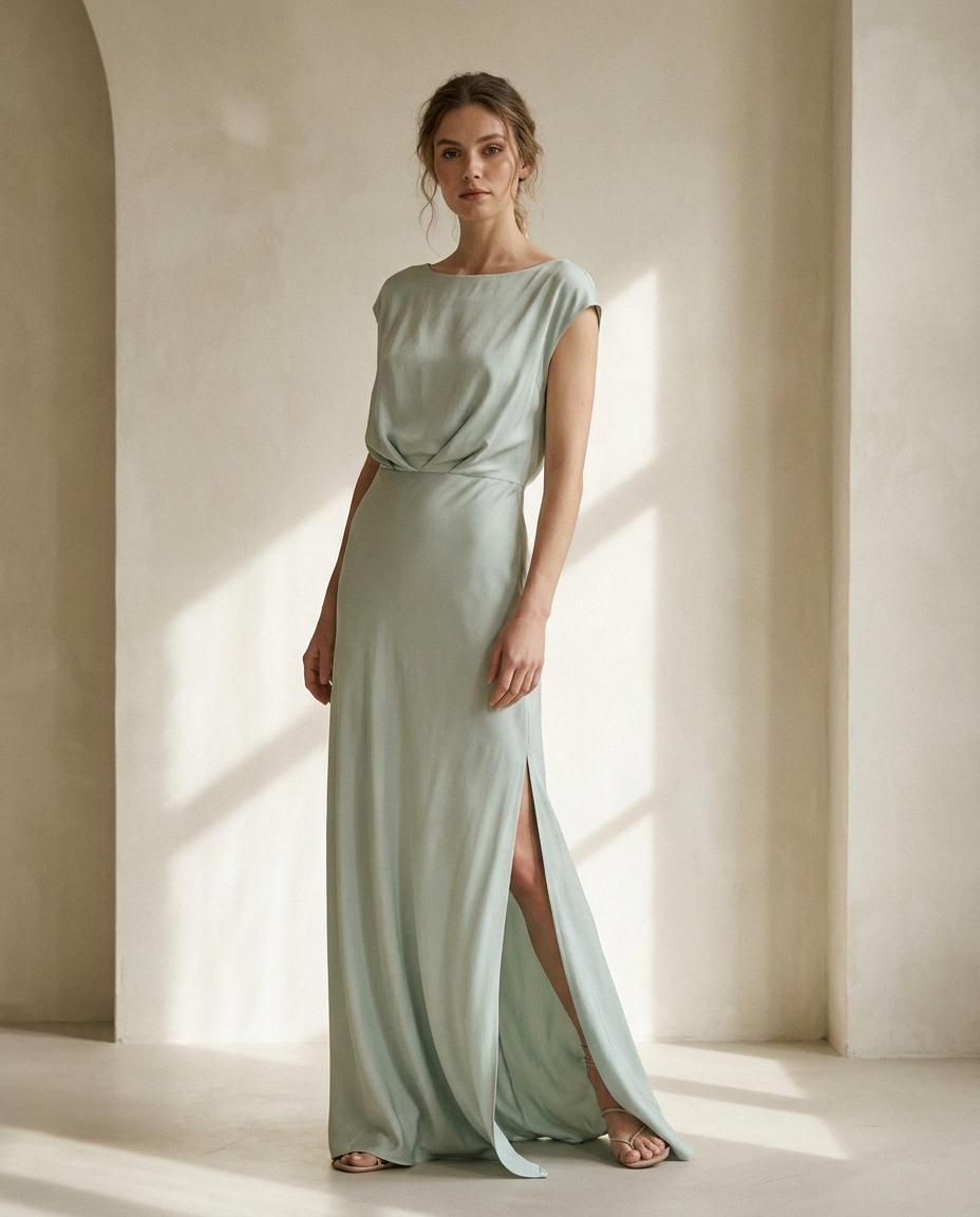 Vestido largo drapeado Nerea en verde agua, con abertura lateral