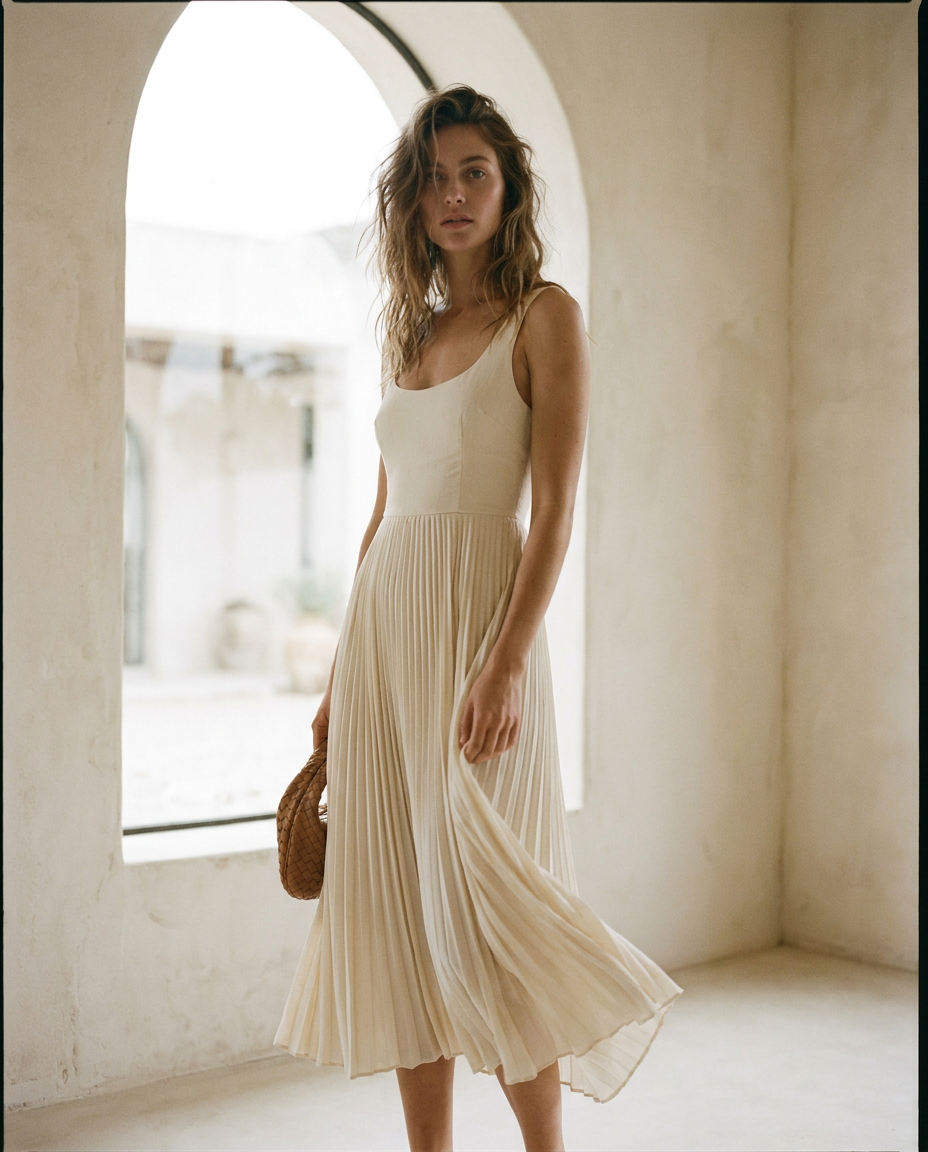 Vestido midi plisado Vega en crudo, cuerpo entallado y falda con vuelo