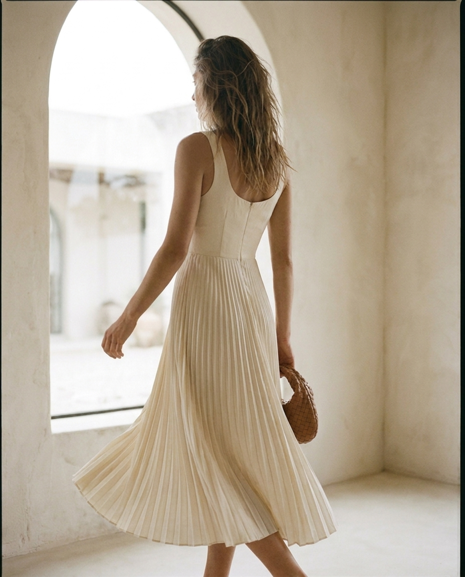 Vestido midi plisado Vega, vista trasera con la falda en movimiento