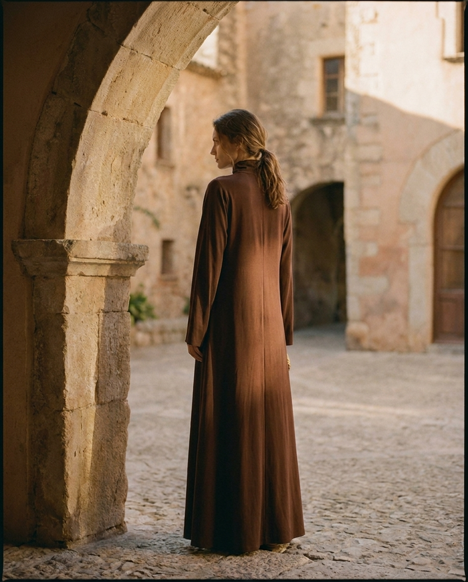 Vestido largo de invitada Alma, vista trasera con la caída recta de la falda