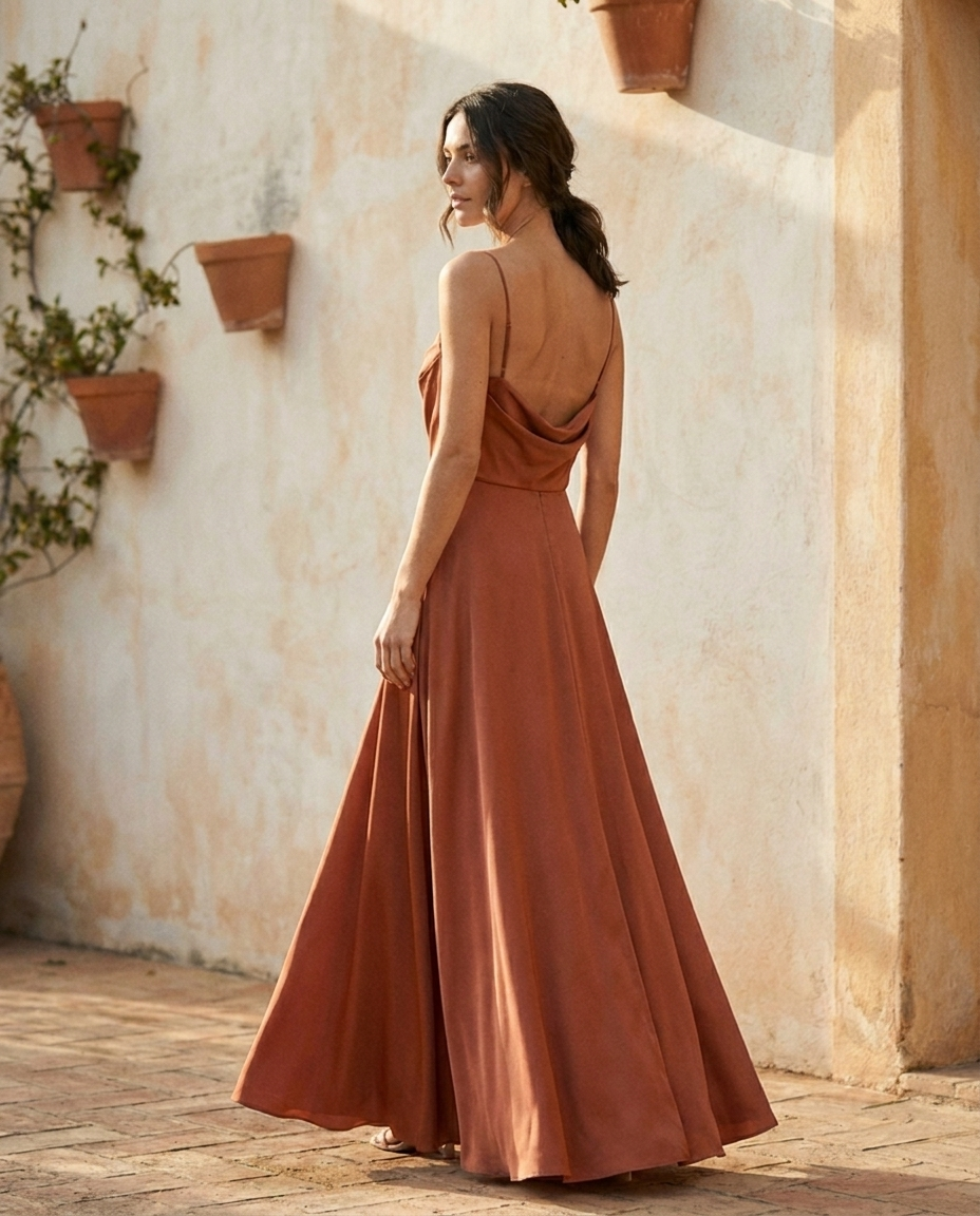 Vestido largo Cala, vista trasera con la caída de la falda hasta el suelo