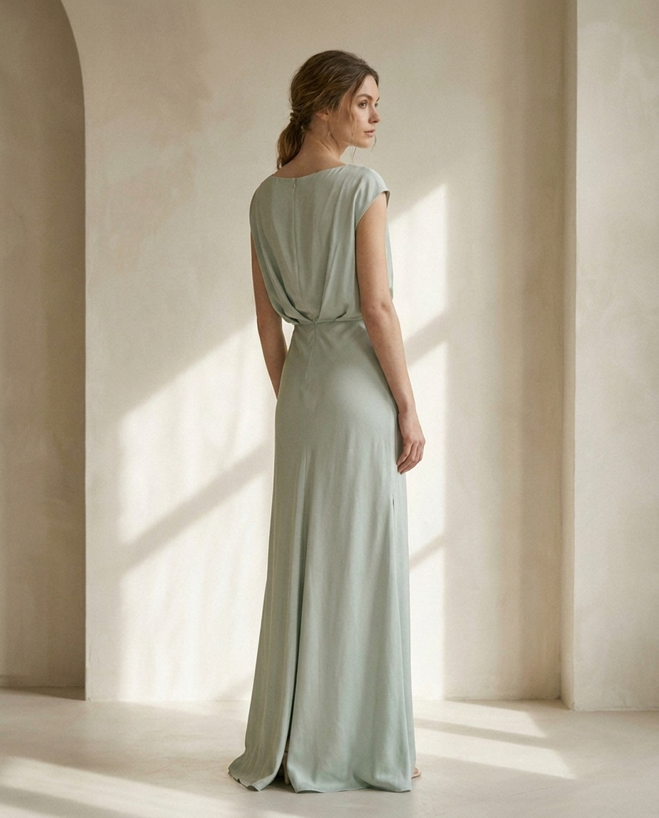 Vestido largo drapeado Nerea, vista trasera con la caída del tejido fino