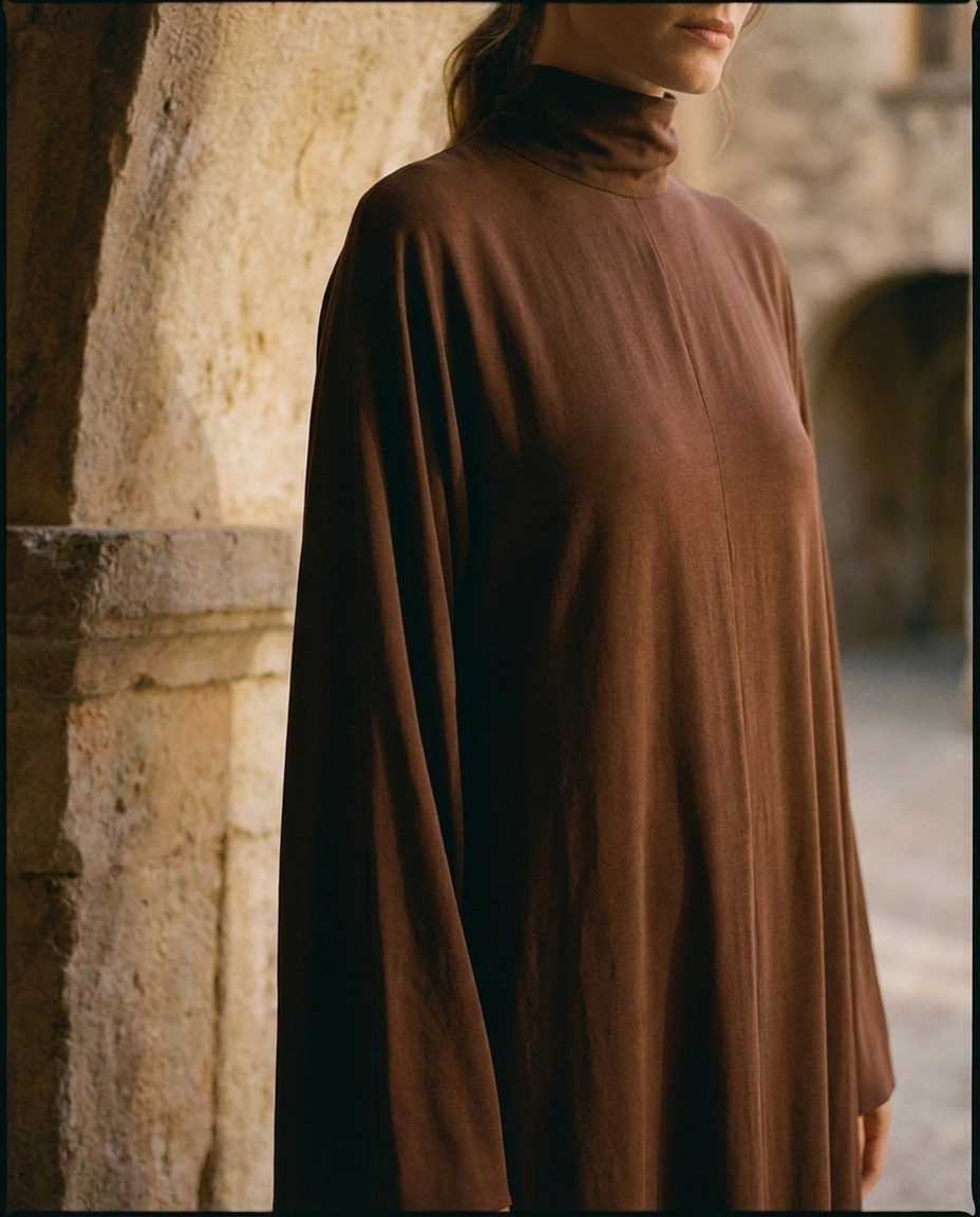 Detalle del escote cerrado y la manga larga del vestido Alma