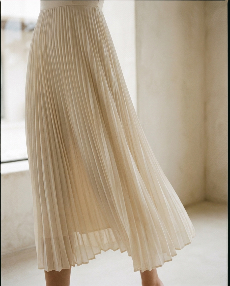 Detalle del plisado fino y el tejido ligero del vestido Vega
