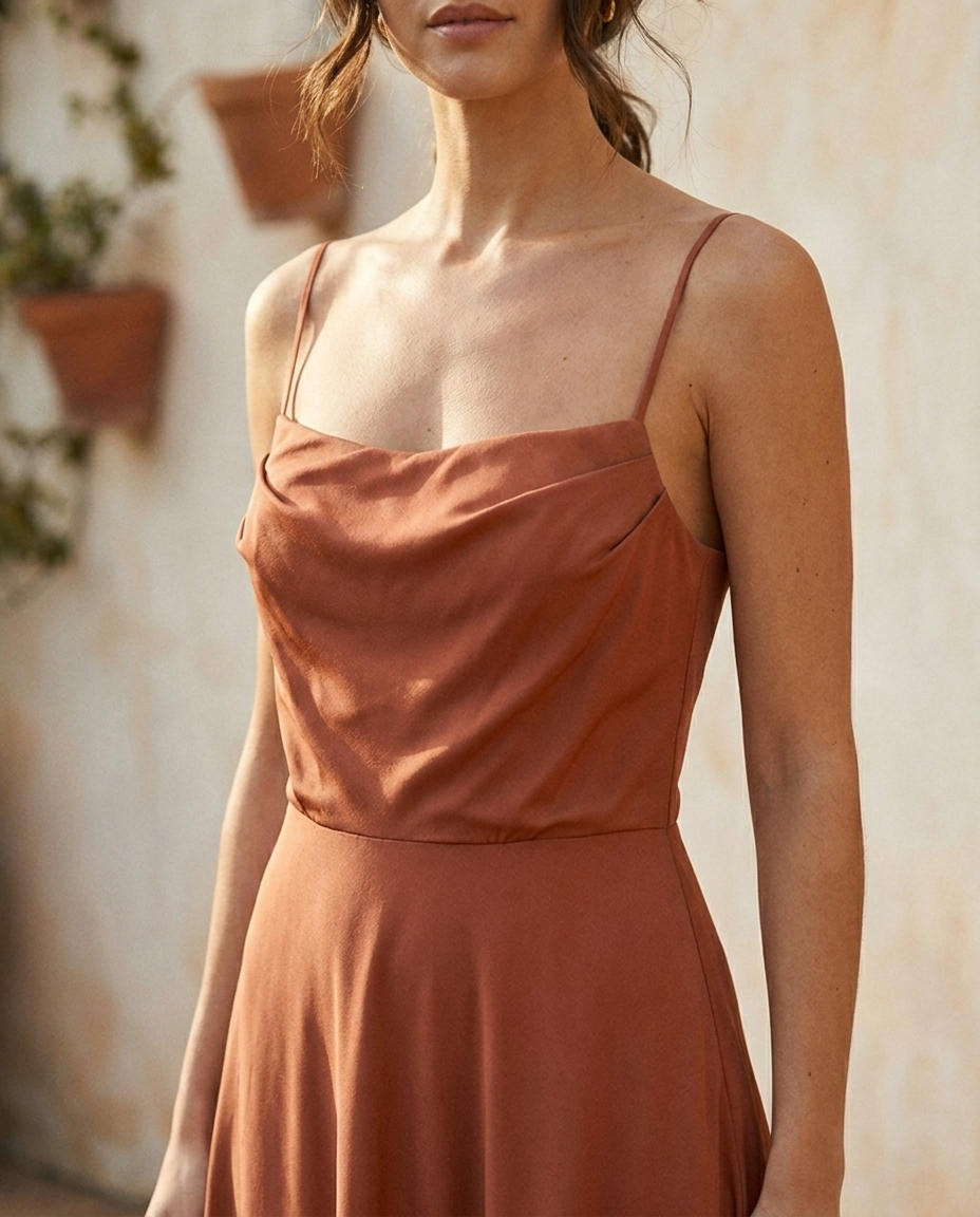 Detalle de los tirantes finos y el crepé satinado mate del vestido Cala