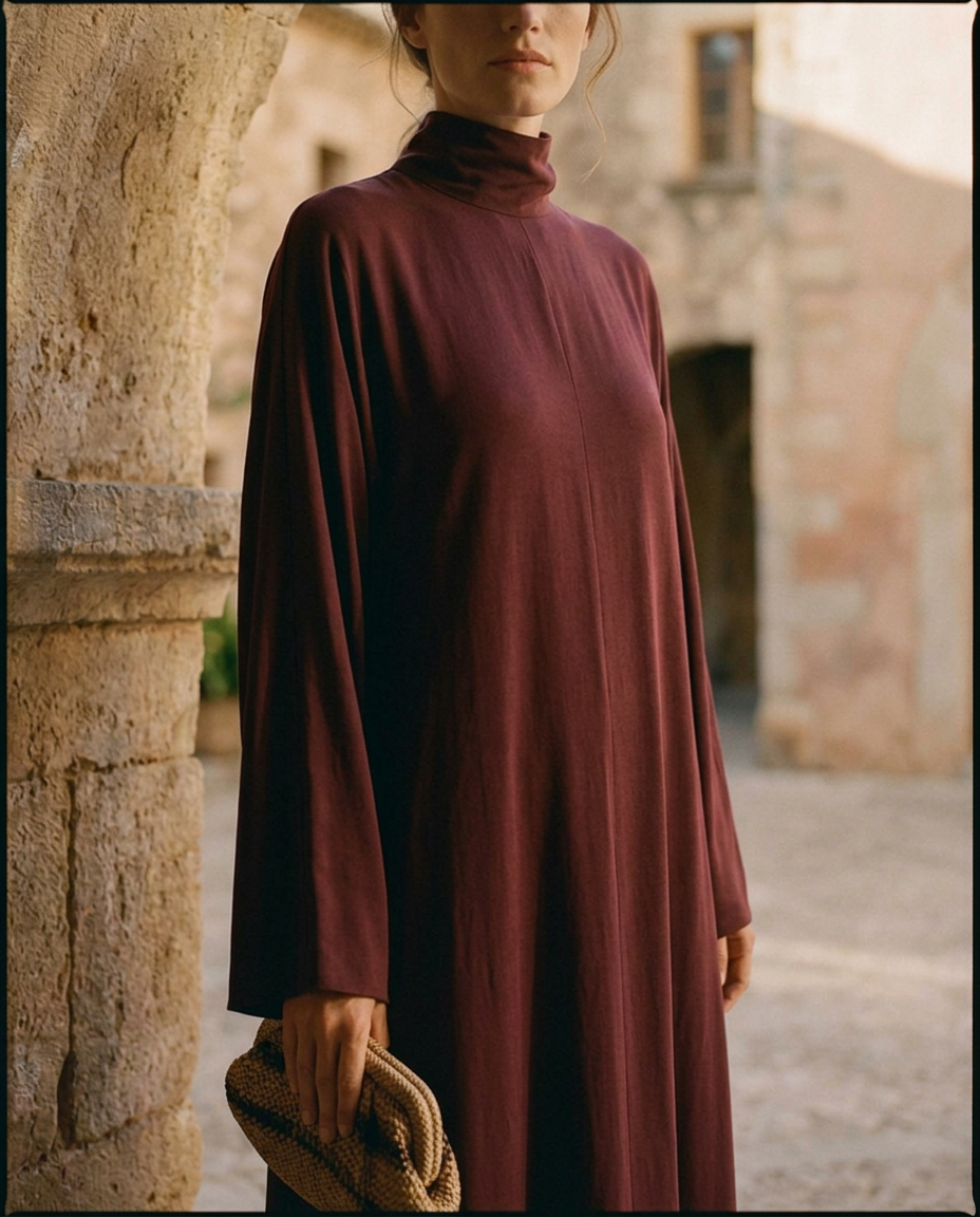 Detalle del escote cerrado y la manga larga del vestido Alma en vino