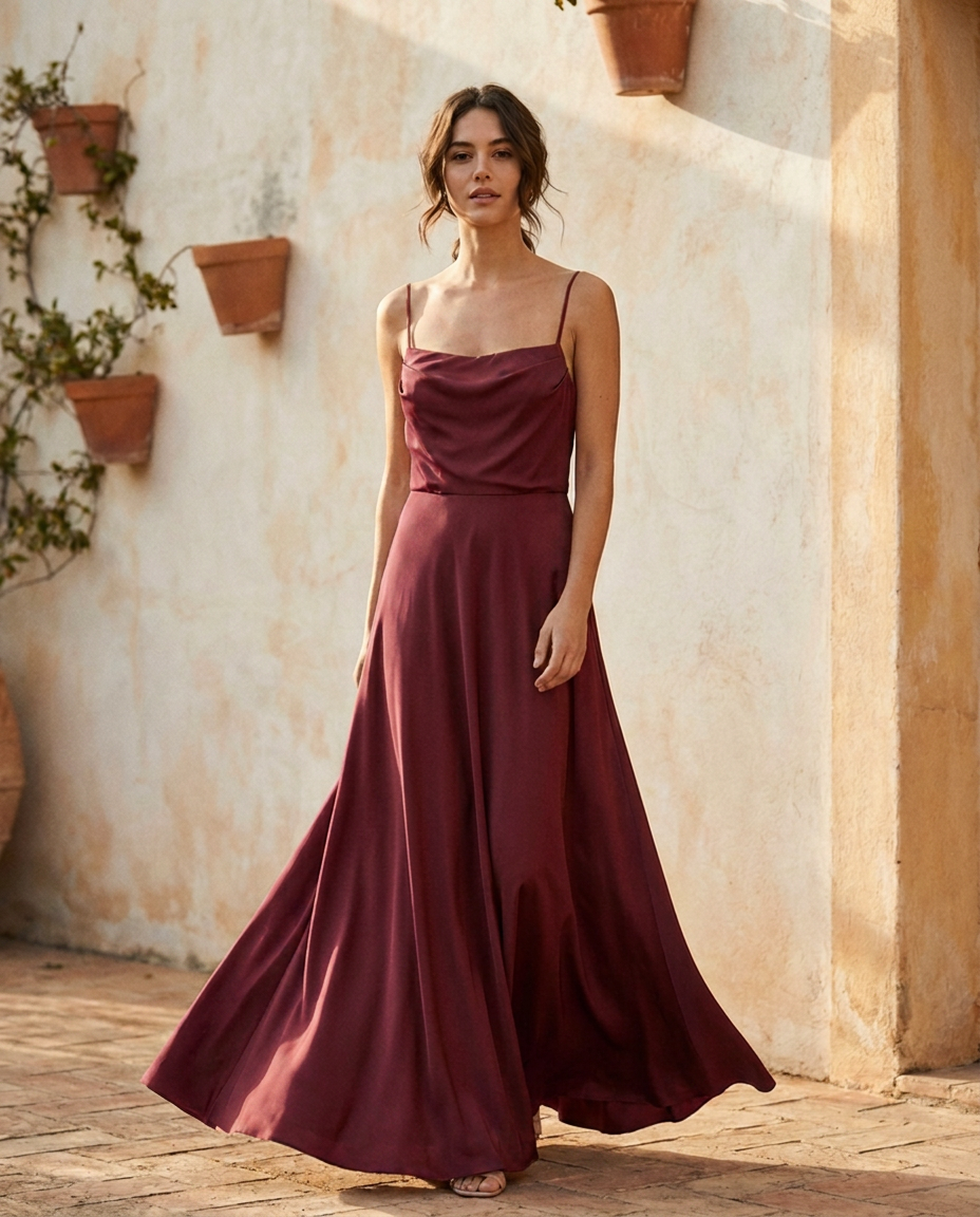 Vestido largo de tirantes Cala en vino, cuerpo drapeado y falda con vuelo