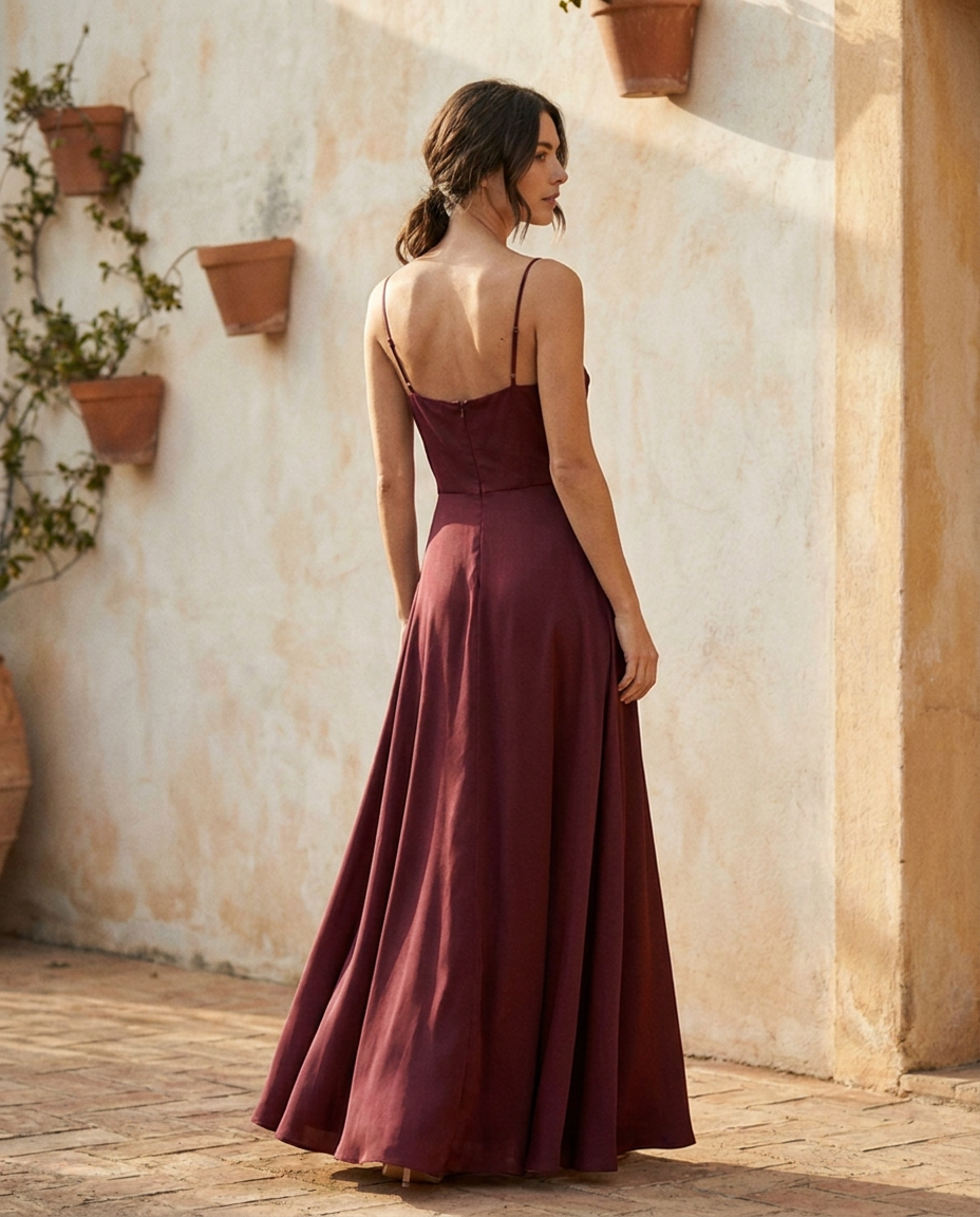 Vestido largo Cala en vino, vista trasera con la caída de la falda hasta el suelo