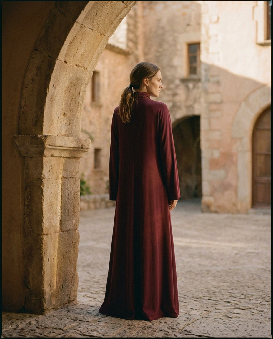 Vestido largo de invitada Alma en vino, vista trasera con la caída recta de la falda