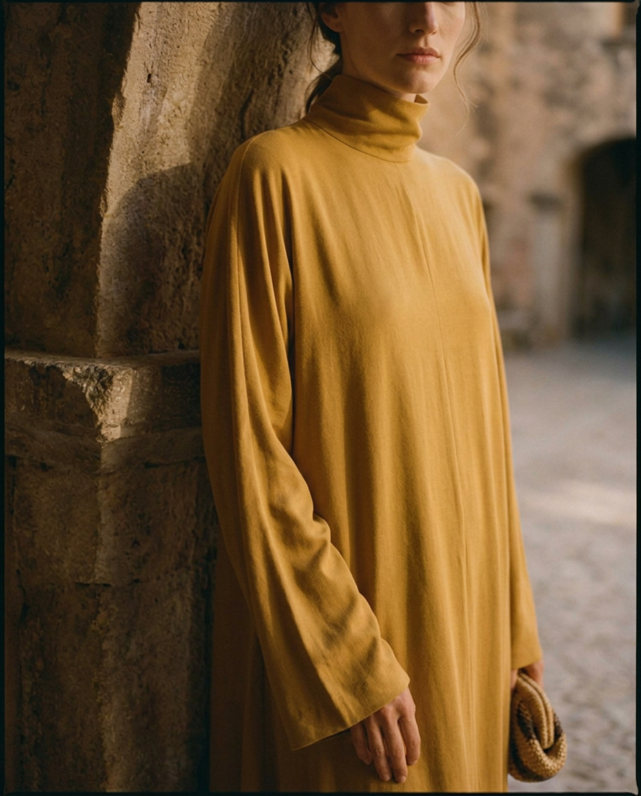 Detalle del escote cerrado y la manga larga del vestido Alma en mostaza