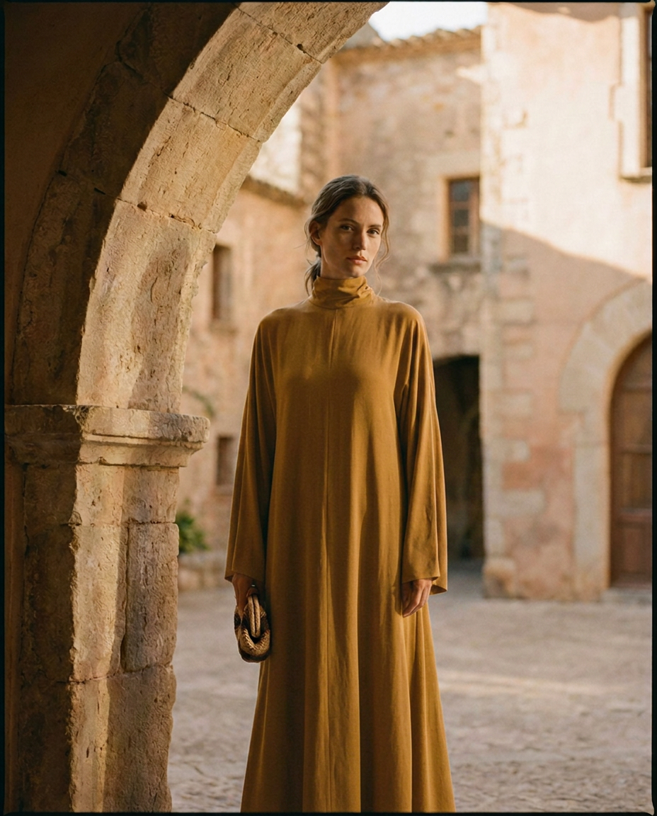 Vestido largo de invitada Alma en mostaza, escote cerrado y manga larga