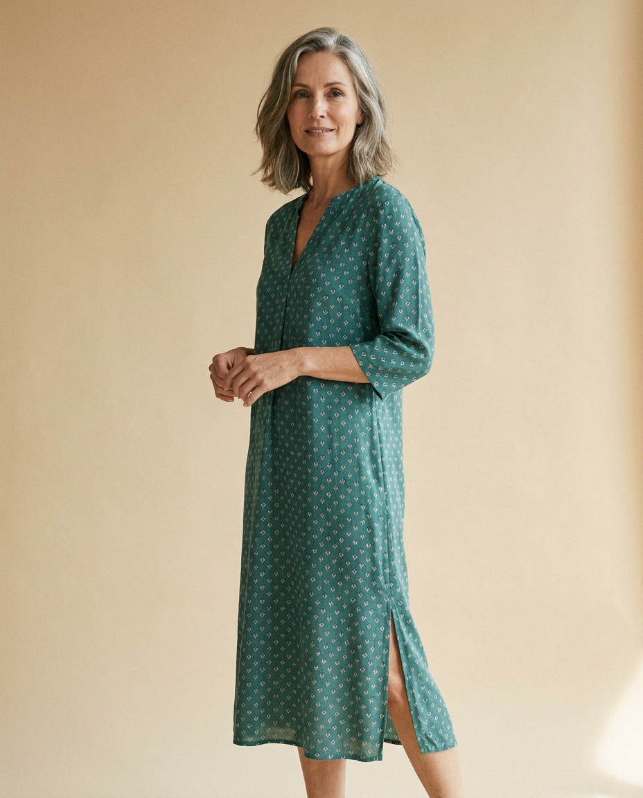 Vestido midi estampado Sena en verde azulado, manga tres cuartos y abertura lateral