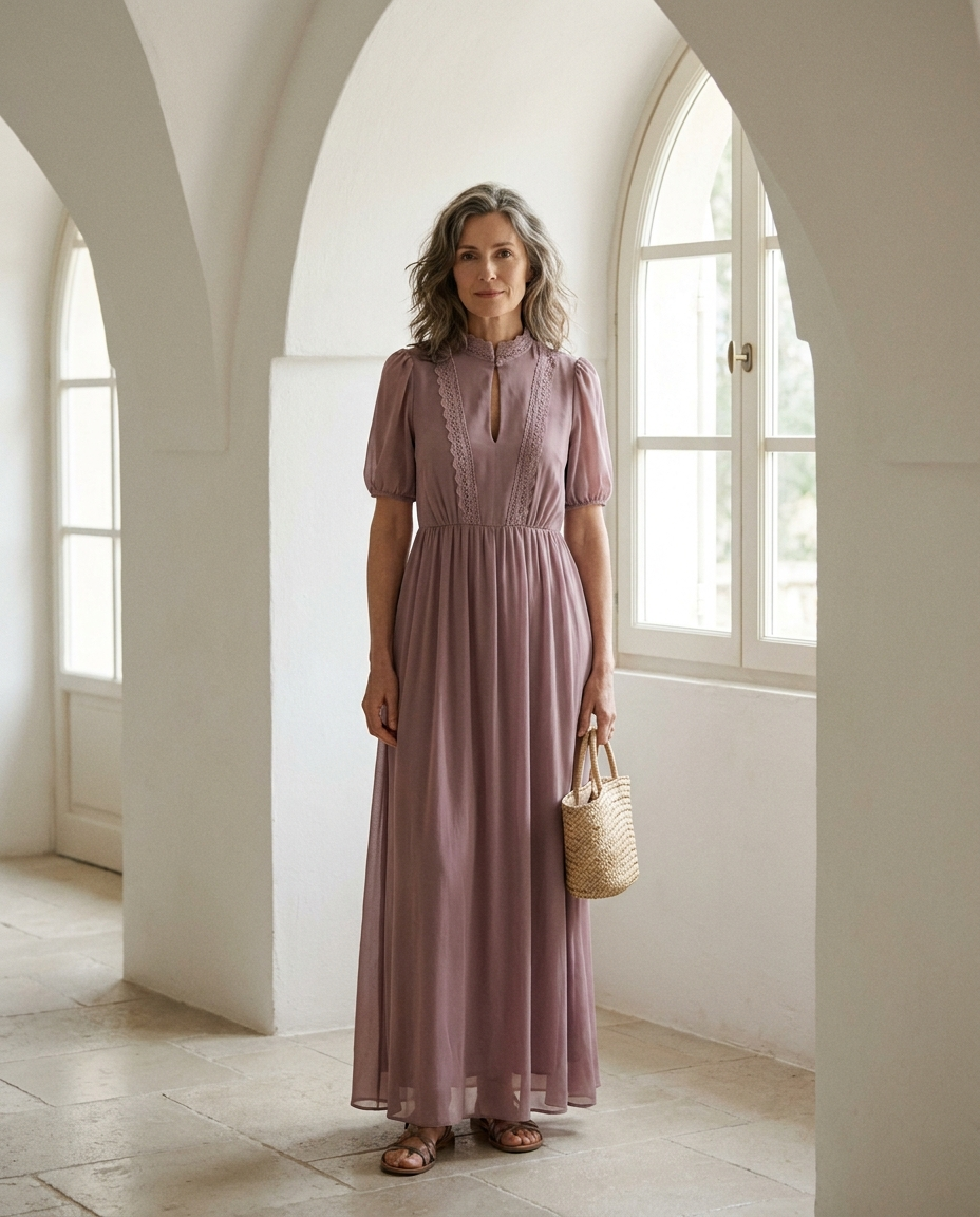 Vestido largo de gasa Violeta en malva, cuello alto con encaje y manga abullonada