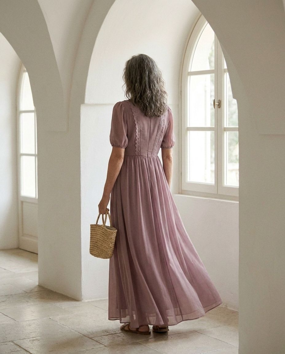 Vestido largo de gasa Violeta, vista trasera con el volumen de la falda
