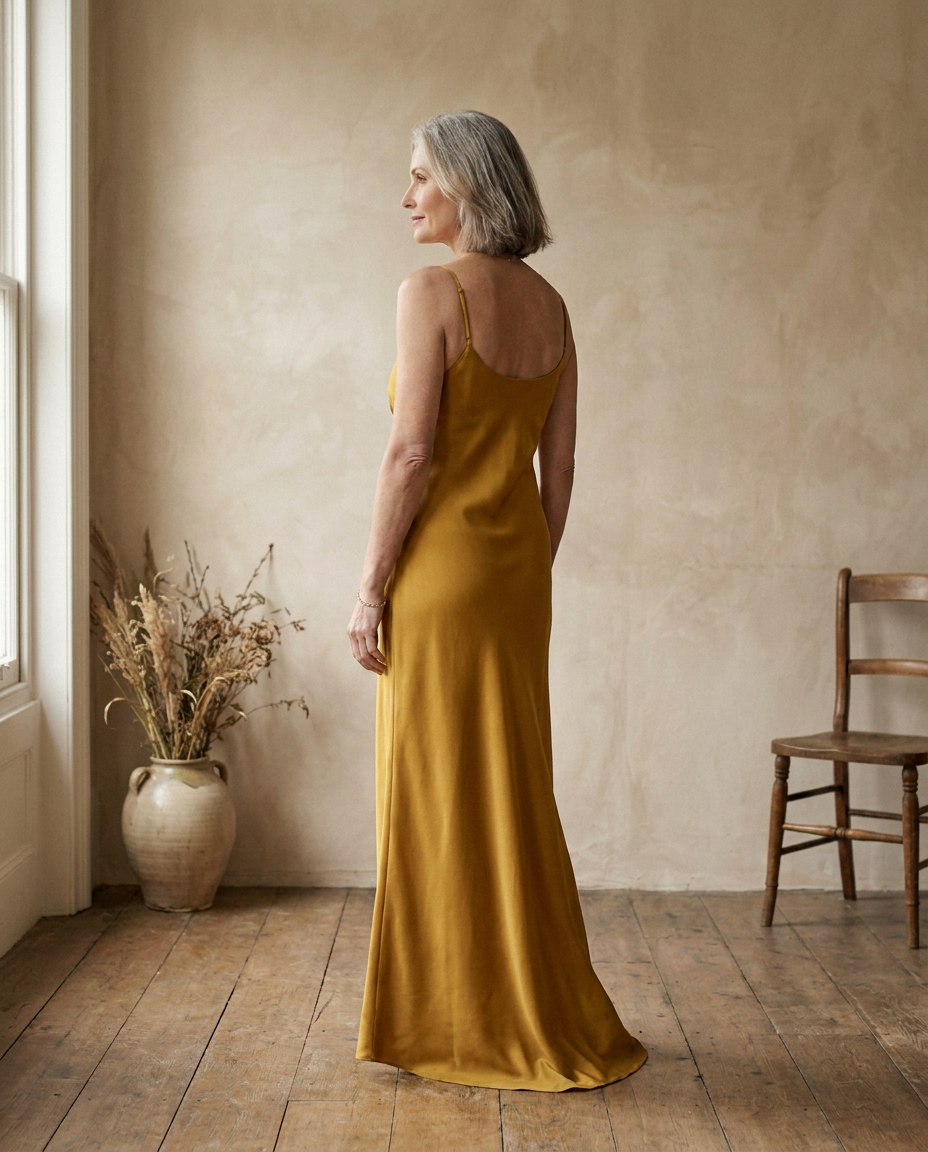 Vestido largo de satén Solera, vista trasera con la caída al bies hasta el suelo