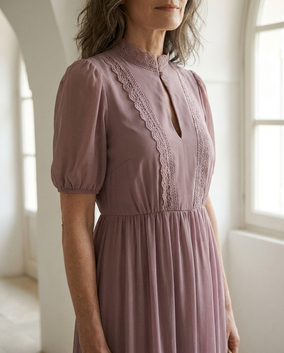 Detalle del cuello alto de encaje y la manga abullonada del vestido Violeta
