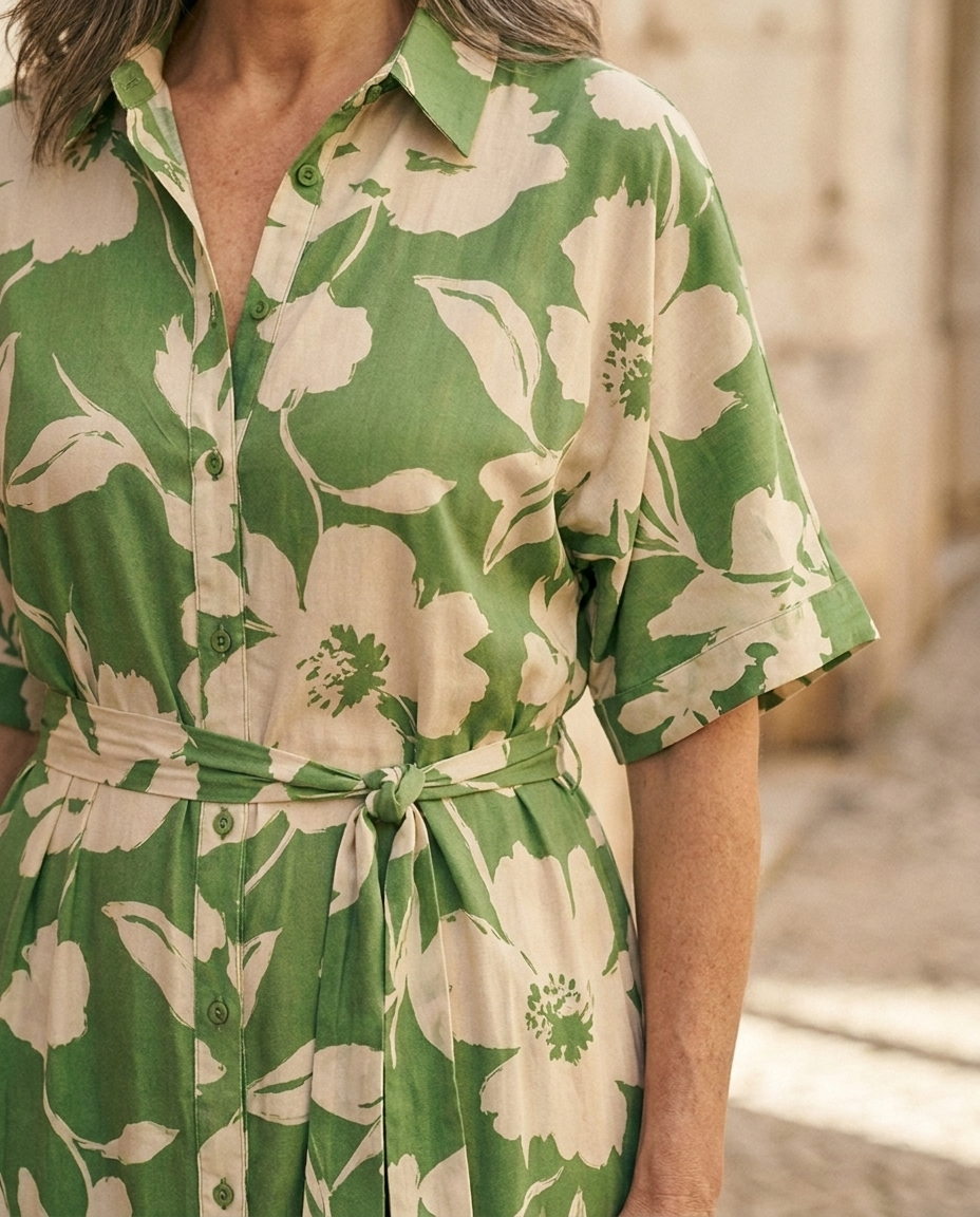 Detalle de la botonadura, la manga kimono y el cinturón anudado del vestido Flora